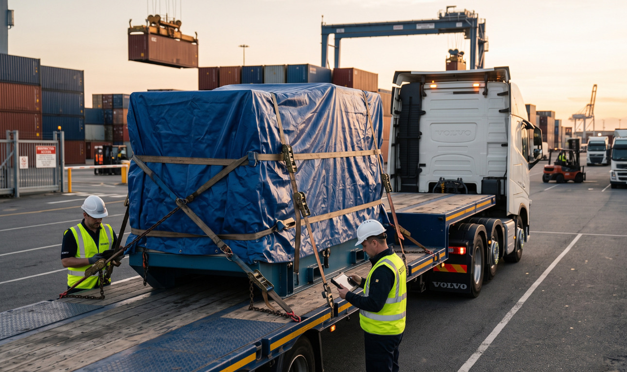 due operatori che si stanno assicurando la sicurezza di un trasporto pesante